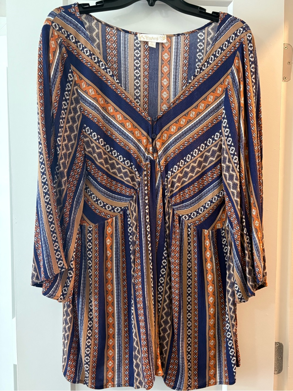 Suzanne Betro Boho Stripe V-Neck Top in Navy & Rust